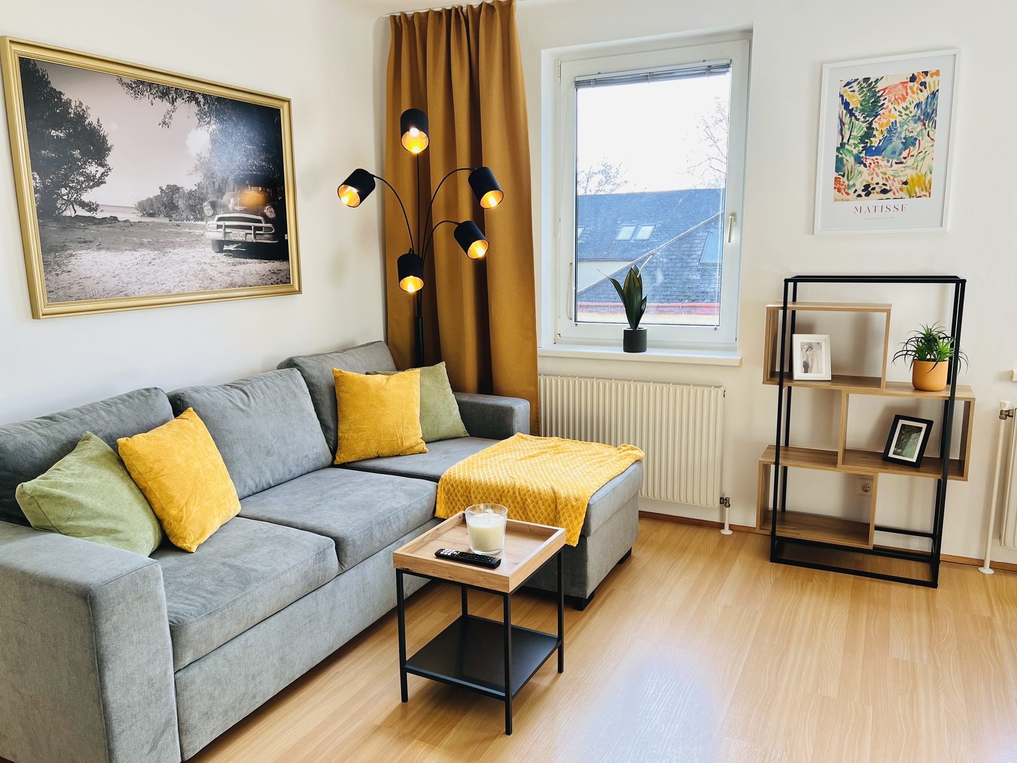 Modern living room with a comfortable couch in our apartment in Mödling near Vienna